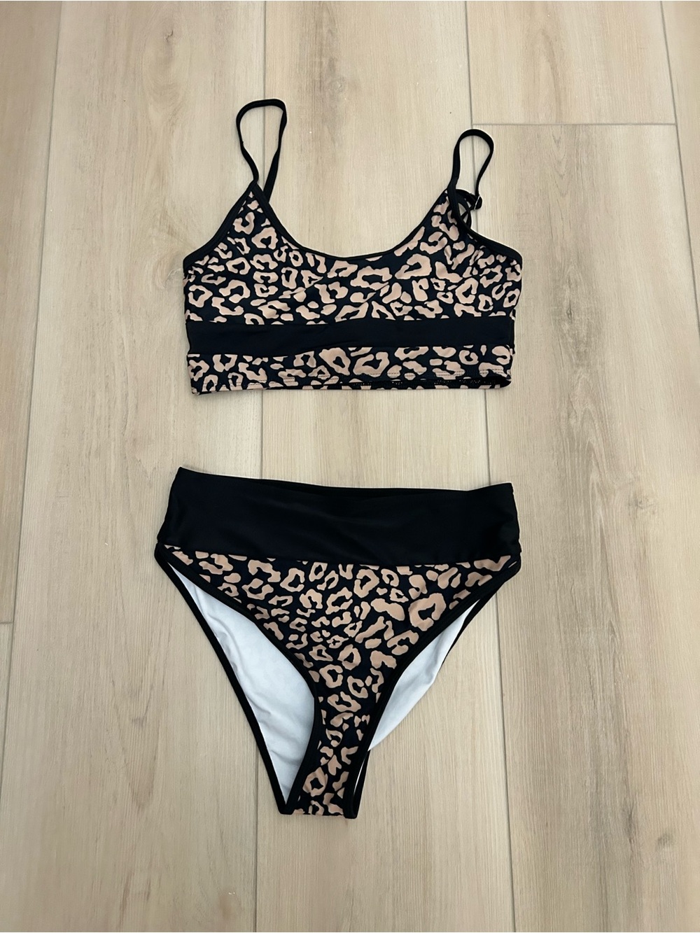 Leopard Print High-Waist Bikini Set - Black & Tan